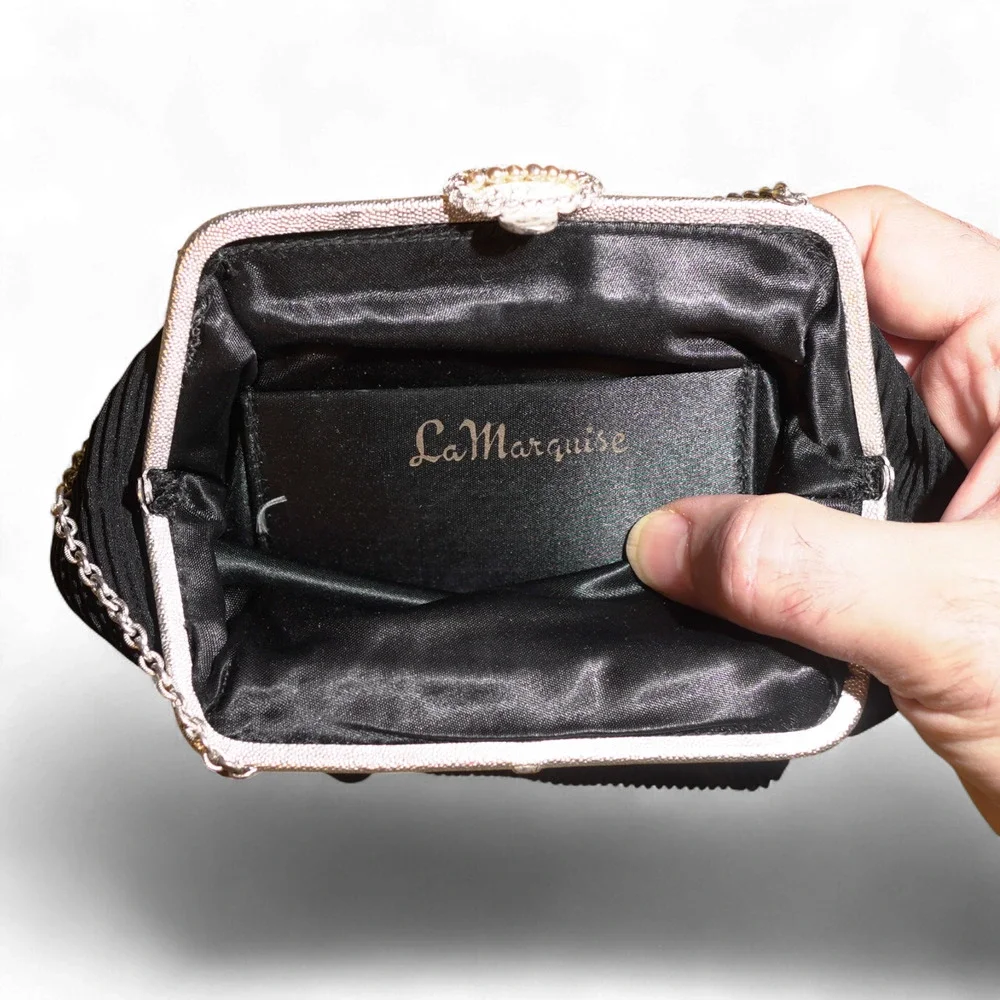 Vintage La Marquise Pleated Evening Bag Black w/ Silver Frame Kiss Lock 40s EUC